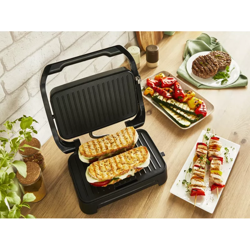 Kontaktinė grilio keptuvė Tefal Inicio Compact GC270D10 – 1000 W, stačiakampė, grotelių paviršius, juoda/nerūdijantis plienas