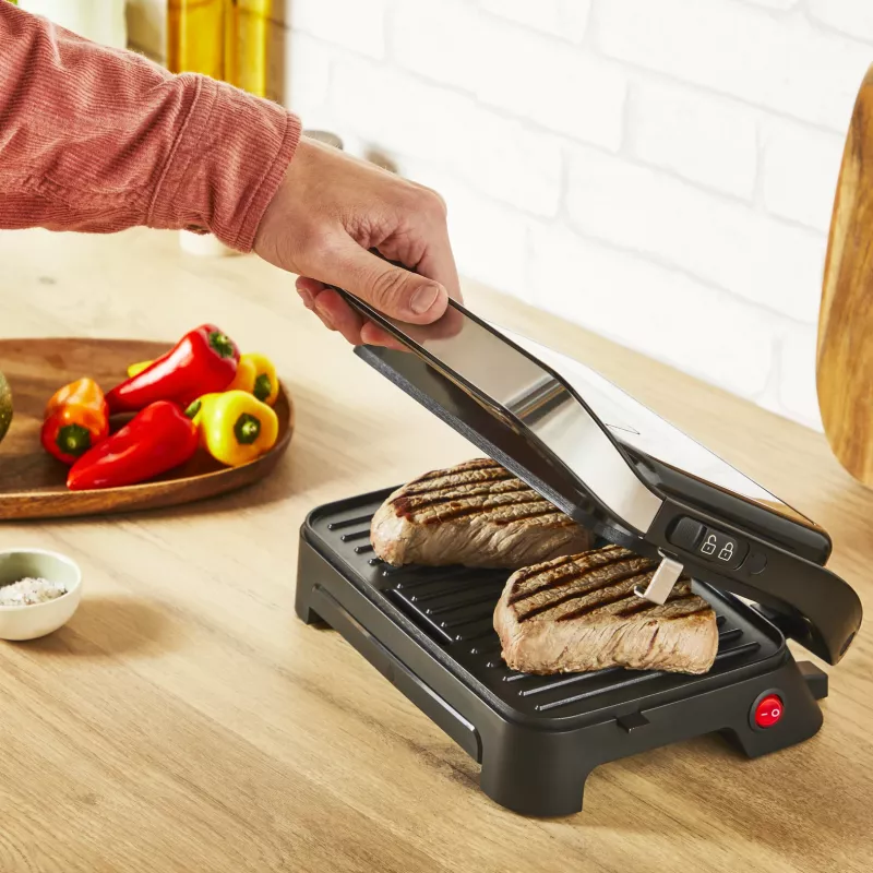 Kontaktinė grilio keptuvė Tefal Inicio Compact GC270D10 – 1000 W, stačiakampė, grotelių paviršius, juoda/nerūdijantis plienas