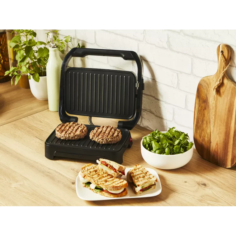 Kontaktinė grilio keptuvė Tefal Inicio Compact GC270D10 – 1000 W, stačiakampė, grotelių paviršius, juoda/nerūdijantis plienas