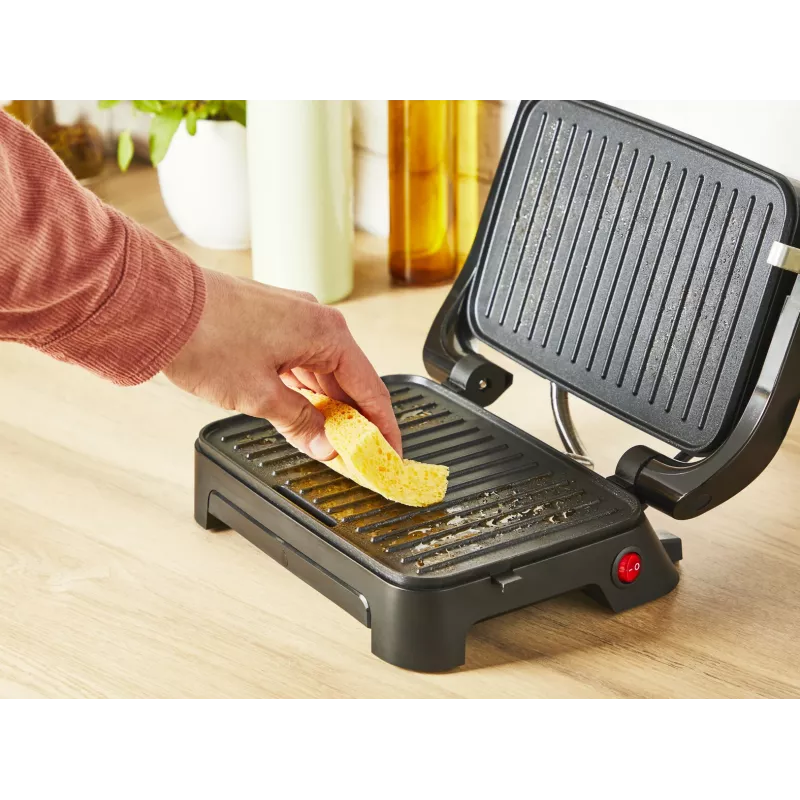 Kontaktinė grilio keptuvė Tefal Inicio Compact GC270D10 – 1000 W, stačiakampė, grotelių paviršius, juoda/nerūdijantis plienas
