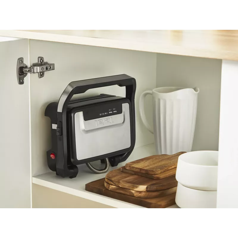 Kontaktinė grilio keptuvė Tefal Inicio Compact GC270D10 – 1000 W, stačiakampė, grotelių paviršius, juoda/nerūdijantis plienas