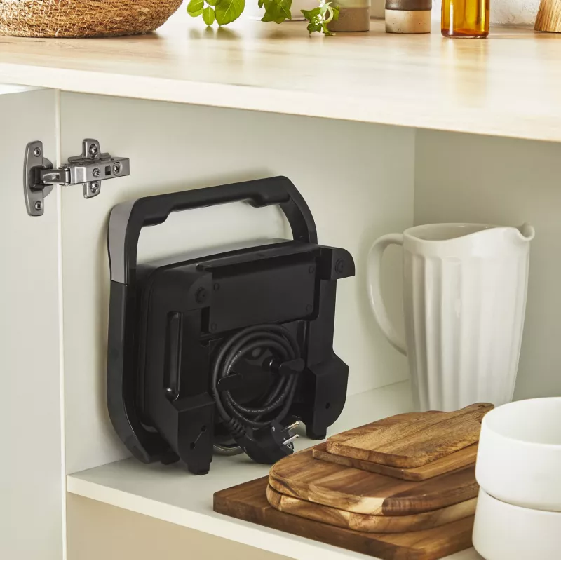 Kontaktinė grilio keptuvė Tefal Inicio Compact GC270D10 – 1000 W, stačiakampė, grotelių paviršius, juoda/nerūdijantis plienas