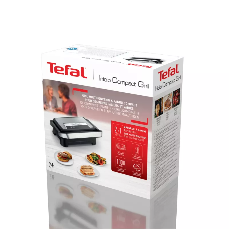 Kontaktinė grilio keptuvė Tefal Inicio Compact GC270D10 – 1000 W, stačiakampė, grotelių paviršius, juoda/nerūdijantis plienas