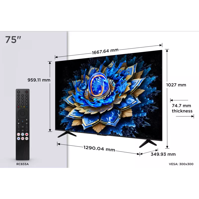 TCL T69C 75T69C televizorius 190,5 cm (75 colių) 4K Ultra HD Smart TV Wi-Fi juodas 350 cd/m²
