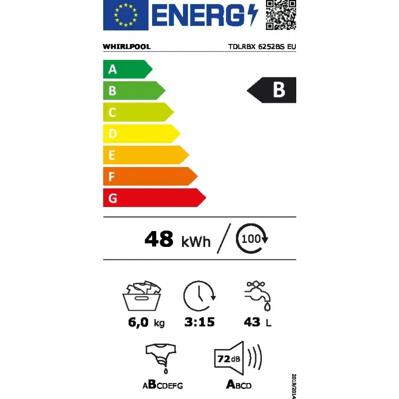 Skalbimo mašina su viršutiniu pakrovimu WHIRLPOOL TDLRBX 6252BS EU — 6 kg, 1200 aps./min., B energijos klasė, balta