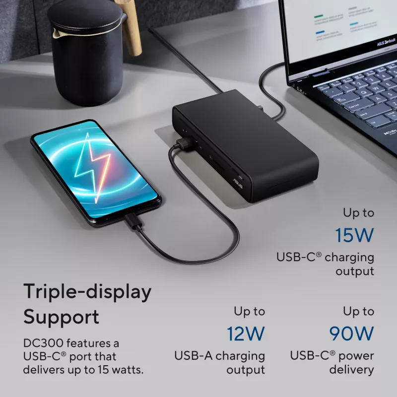 ASUS DC300 USB-C Dock su trimis ekranais, USB 3.2 Gen 2, juoda