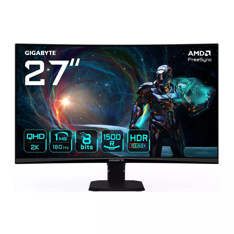 GIGABYTE GS27QCA 27 colių QHD lenktas žaidimų monitorius - 2560 x 1440, 180Hz, 1ms, 250 cd/m², FreeSync, HDR Ready, HDMI 2.0, Displayport 1.4