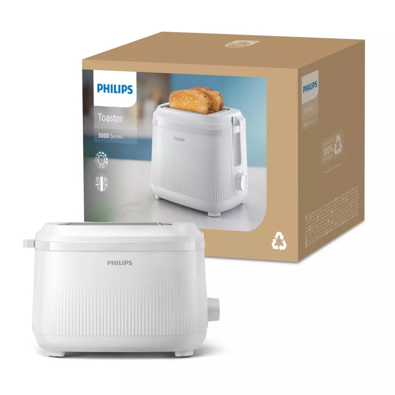 Philips 3000 serijos skrudintuvas, 2 griežinėliai, baltas, metalas, mygtukai, sukamasis reguliatorius, 900 W, 220-240 V