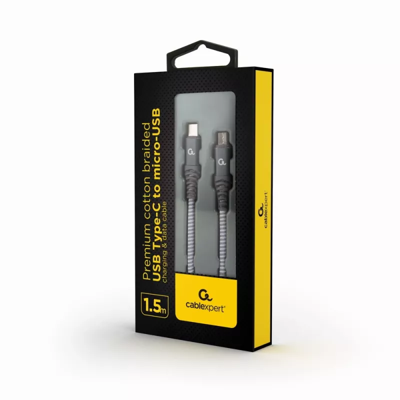 GEMBIRD Premium Cotton Braided USB Type-C į micro-USB įkrovimo ir duomenų laidas, 1,5 m - Pilka