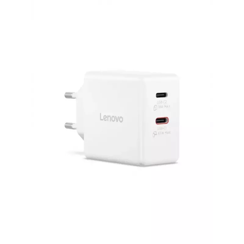 Lenovo G0A6065WEU universalus mobilių įrenginių įkroviklis, 65 W, du USB-C, GaN, baltas