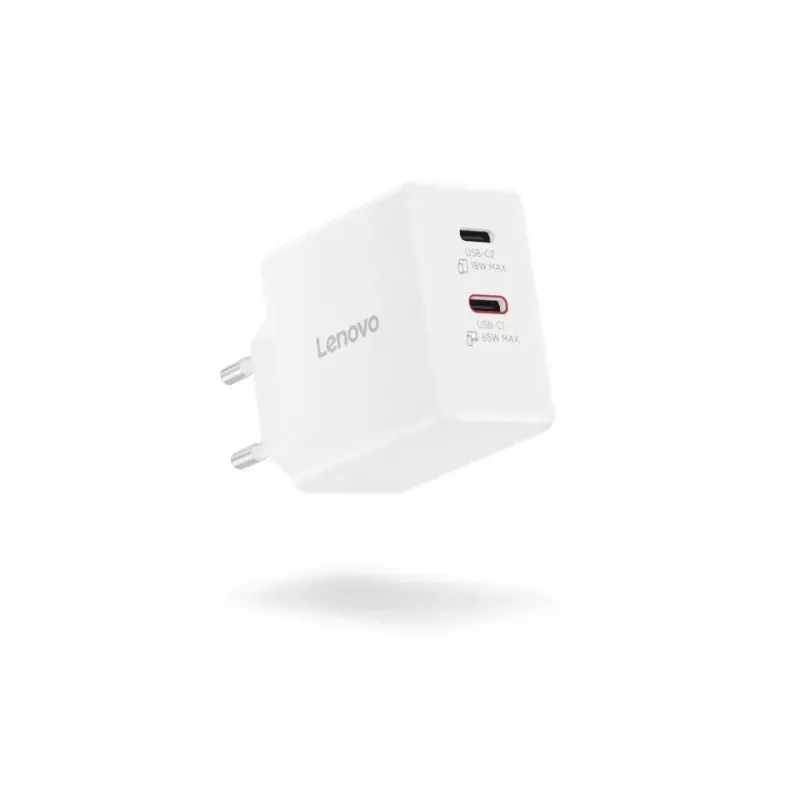 Lenovo G0A6065WEU universalus mobilių įrenginių įkroviklis, 65 W, du USB-C, GaN, baltas