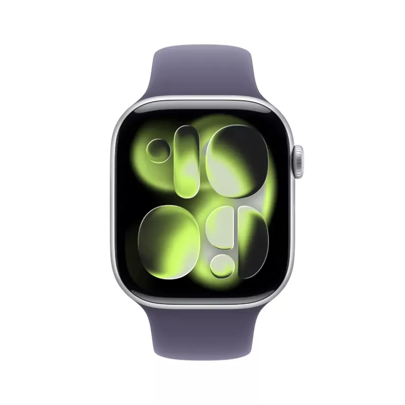 Išmanusis laikrodis Apple Watch Series 11 GPS + Cellular 46mm sidabrinis aliumininis korpusas, OLED 416x496, 64GB, atsparus vandeniui 50m, purpurinis Sport dirželis S/M