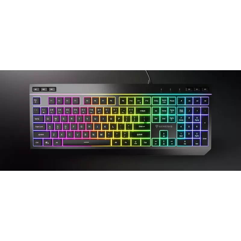 Laidinė pilno dydžio žaidimų klaviatūra Genesis Rhod 530, USB, QWERTY US, membraninė, RGB foninis apšvietimas, 114 klavišų, 1,8 m laidas, juoda