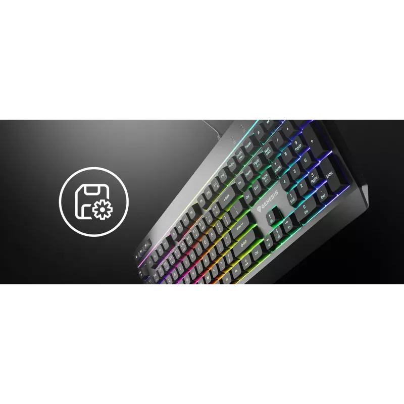 Laidinė pilno dydžio žaidimų klaviatūra Genesis Rhod 530, USB, QWERTY US, membraninė, RGB foninis apšvietimas, 114 klavišų, 1,8 m laidas, juoda