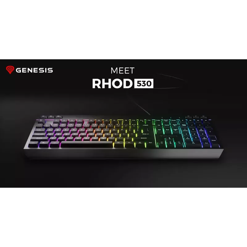 Laidinė pilno dydžio žaidimų klaviatūra Genesis Rhod 530, USB, QWERTY US, membraninė, RGB foninis apšvietimas, 114 klavišų, 1,8 m laidas, juoda