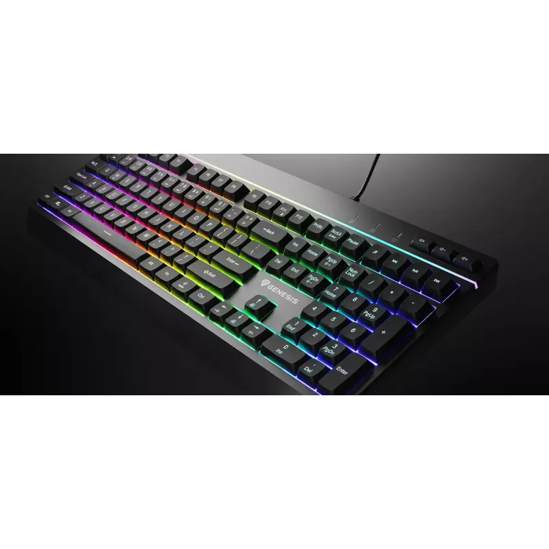 Laidinė pilno dydžio žaidimų klaviatūra Genesis Rhod 530, USB, QWERTY US, membraninė, RGB foninis apšvietimas, 114 klavišų, 1,8 m laidas, juoda
