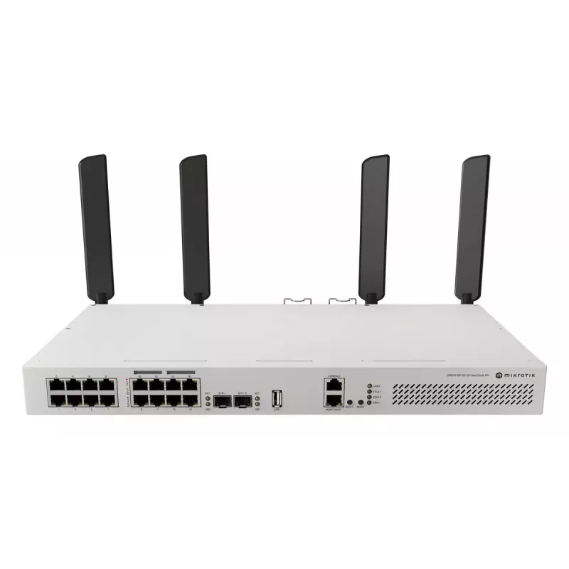 Tinklo jungiklis MikroTik CRS418-8P-8G-2S+5axQ2axQ-RM — L2/L3, 17× Gigabit RJ-45, 2× SFP+, PoE (802.3af/at), 1U stovas