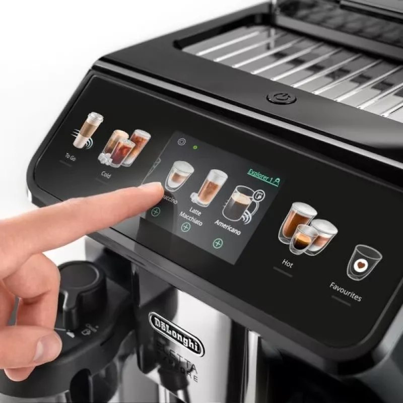 Kavos aparatas De’Longhi Eletta Explore — pilnai automatinis, 1,8 L vandens talpa, 300 g pupelių talpykla, 19 barų, TFT jutiklinis ekranas