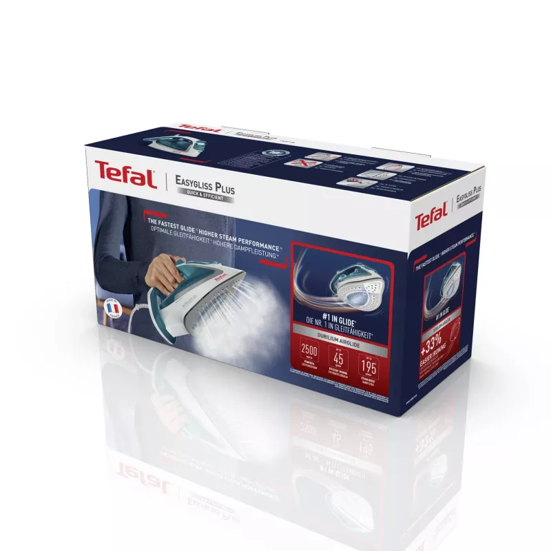 Lyginimo lygintuvas Tefal EasyGliss Plus FV5718, sausas/garinis, Durilium padas, 2400 W, turkio/balta