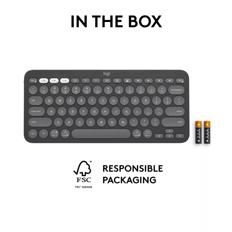 Belaidė klaviatūra Logitech Pebble Keys 2 K380s, RF + Bluetooth, QWERTY US International, grafito spalva