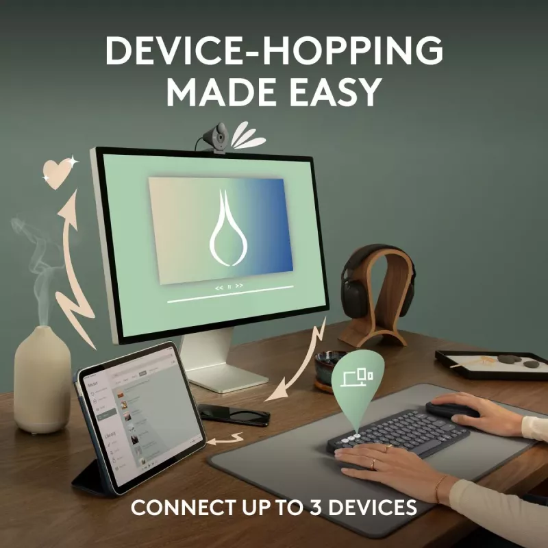 Belaidė klaviatūra Logitech Pebble Keys 2 K380s, RF + Bluetooth, QWERTY US International, grafito spalva