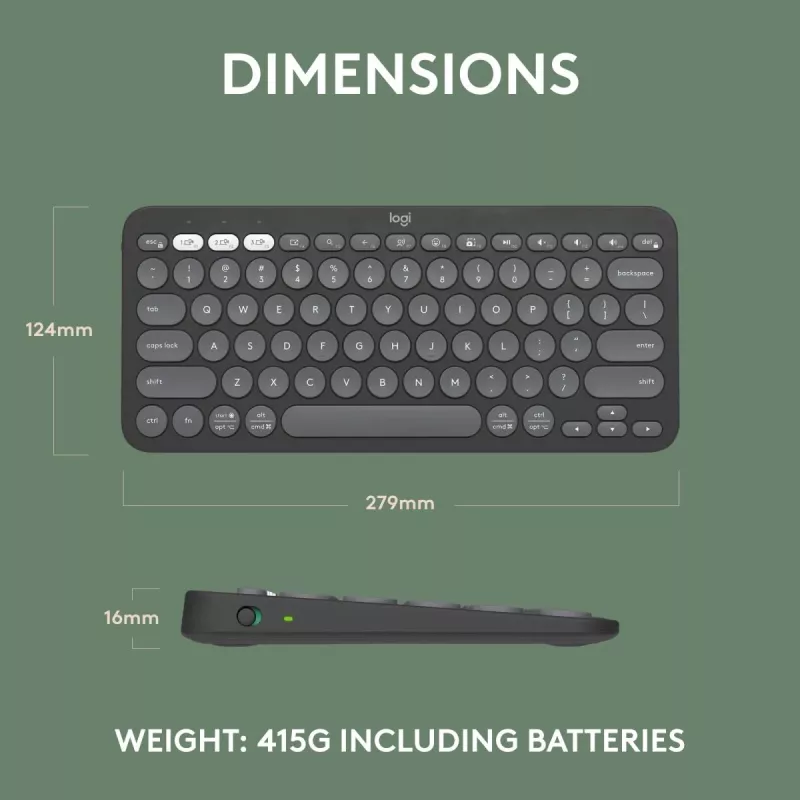 Belaidė klaviatūra Logitech Pebble Keys 2 K380s, RF + Bluetooth, QWERTY US International, grafito spalva