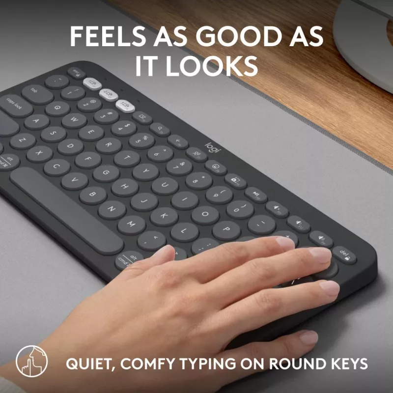 Belaidė klaviatūra Logitech Pebble Keys 2 K380s, RF + Bluetooth, QWERTY US International, grafito spalva