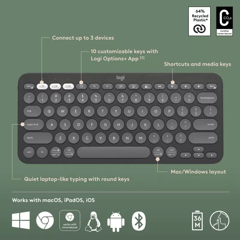 Belaidė klaviatūra Logitech Pebble Keys 2 K380s, RF + Bluetooth, QWERTY US International, grafito spalva