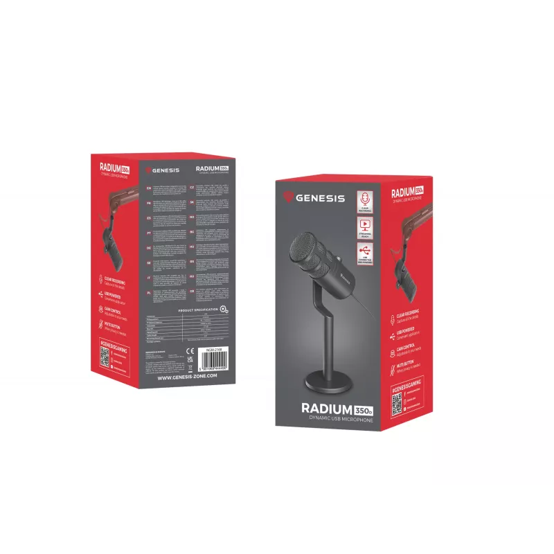 Laidinis PC mikrofonas GENESIS Radium 350D – USB Type-A/Type-C, -48 dB jautrumas, 16–14000 Hz, 2,5 m laidas, juodas