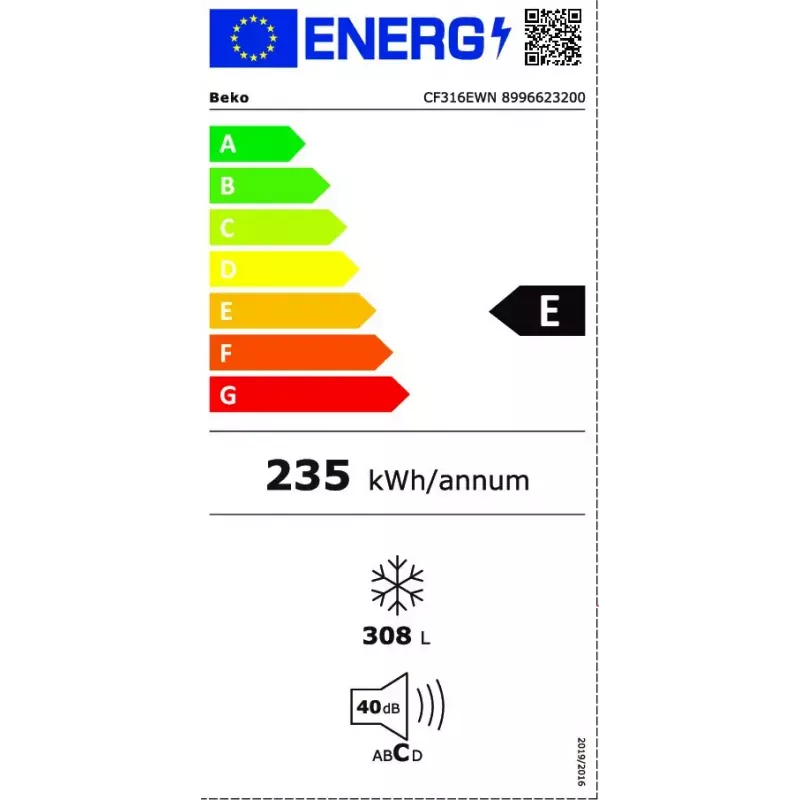 Šaldiklis BEKO CF316EWN, 308 L naudingas tūris, E energijos klasė, 235 kWh/metus, 40 dB, baltas