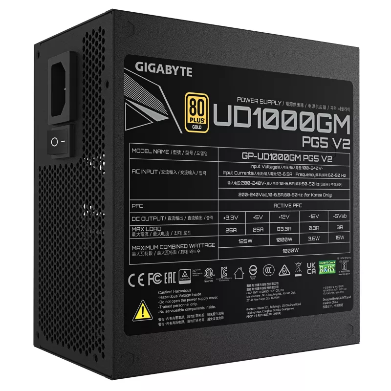 GIGABYTE UD1000GM PG5 V2 maitinimo blokas – PCIe Gen 5.1, 80 PLUS Gold, pilnai modulinis, 120 mm ventiliatorius, ATX 3.1, EU kištukas