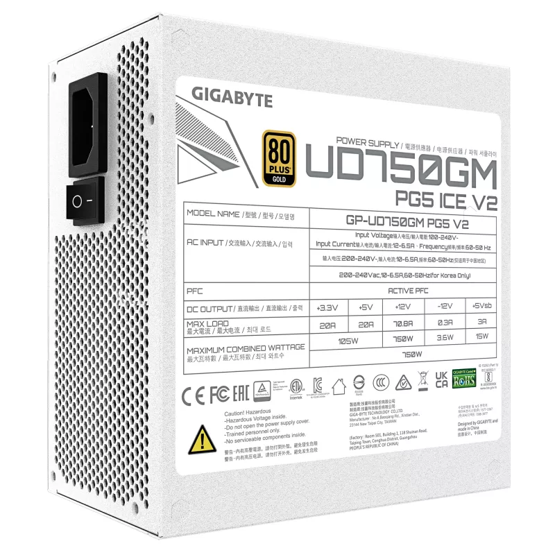 Maitinimo blokas GIGABYTE UD750GM PG5 V2 750W ATX 3.1, 80 PLUS Gold, pilnai modulinis, baltas