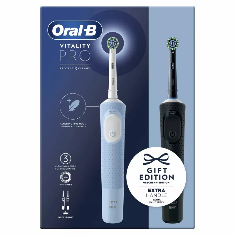 Oral-B Vitality Pro Duo suaugusiųjų sukamoji-osciliuojanti dantų šepetėlis Juoda, Mėlyna, Balta