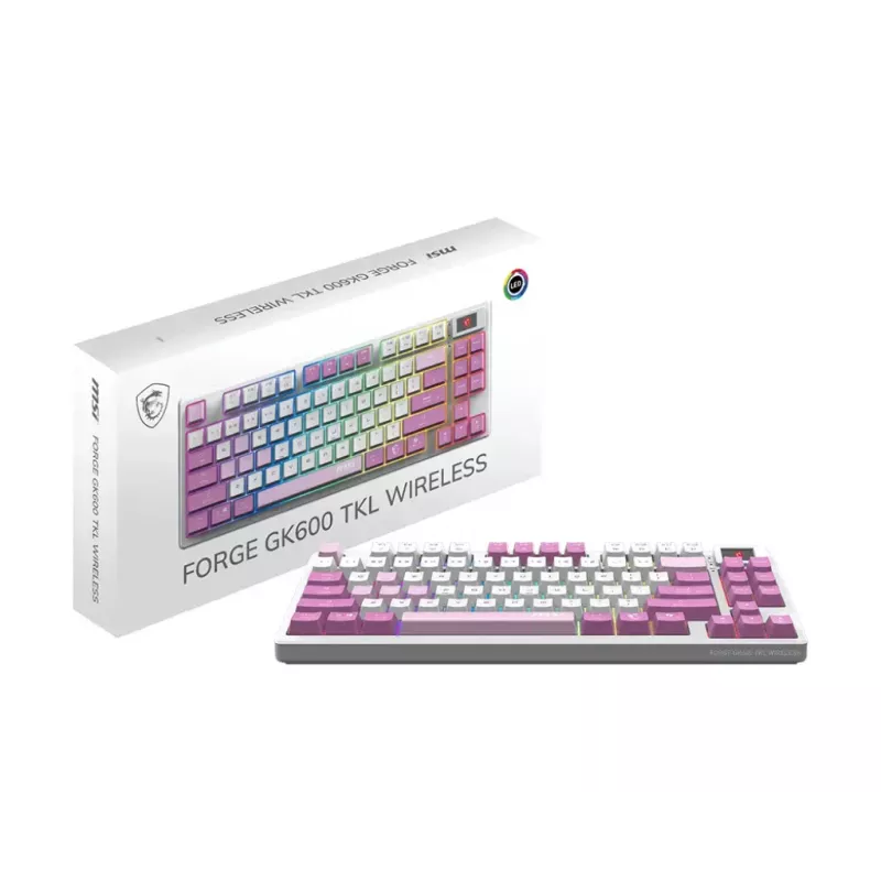 MSI FORGE GK600 TKL WIRELESS VIOLET žaidimų klaviatūra USB + Bluetooth QWERTY UK English Rožinė, Violetinė, Balta