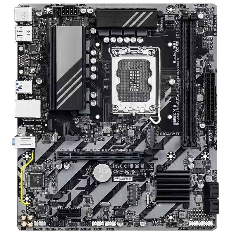Micro-ATX pagrindinė plokštė GIGABYTE B860M E — LGA 1851, Intel Core Ultra, DDR5 iki 8800 MHz (O.C.), 2×PCIe 4.0 M.2, 1GbE