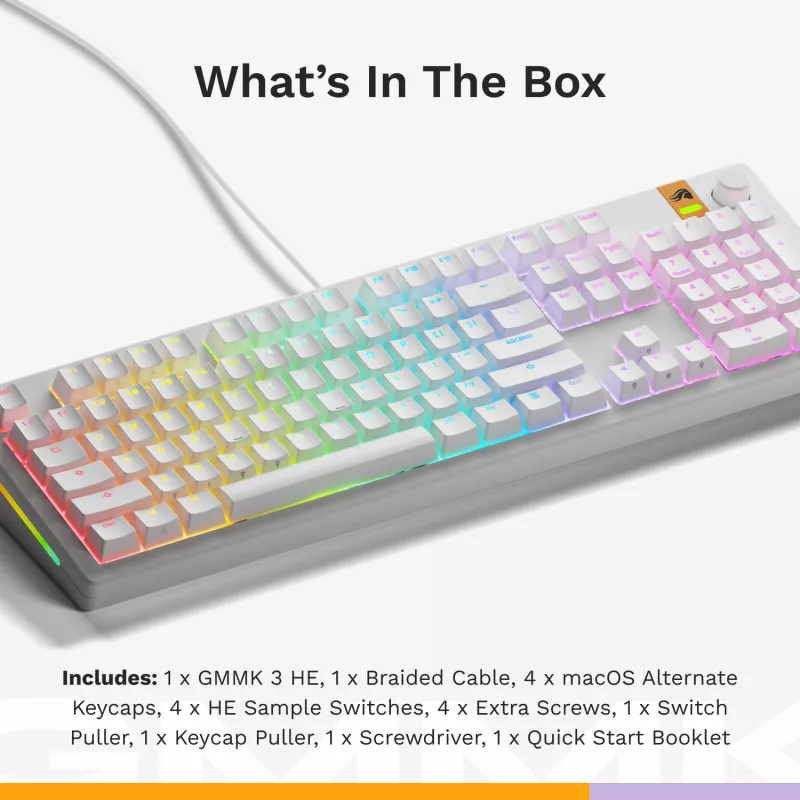 Mechaninė pilno dydžio (100%) laidinė klaviatūra GLORIOUS GMMK 3 HE – balta, USB, QWERTY, RGB