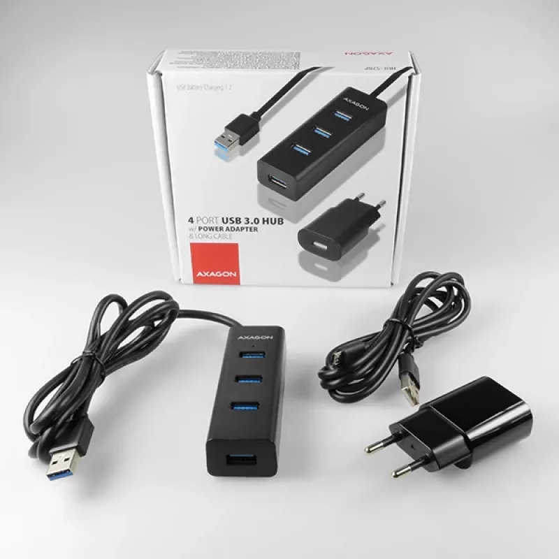 USB 3.0 šakotuvas Axagon HUE-S2BP 4x USB 3.0 su 1,2 m kabeliu ir maitinimo adapteriu
