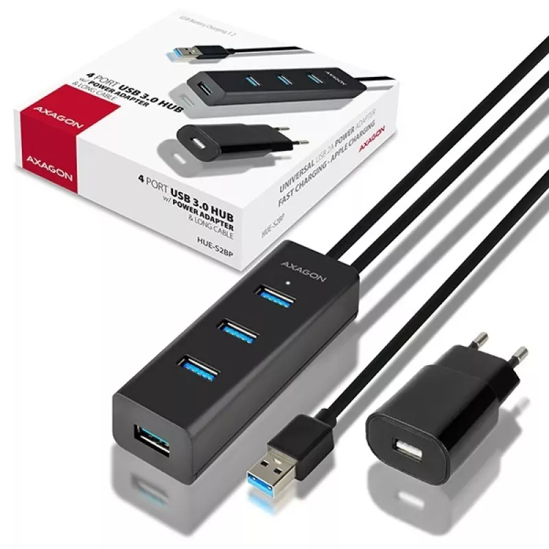 USB 3.0 šakotuvas Axagon HUE-S2BP 4x USB 3.0 su 1,2 m kabeliu ir maitinimo adapteriu