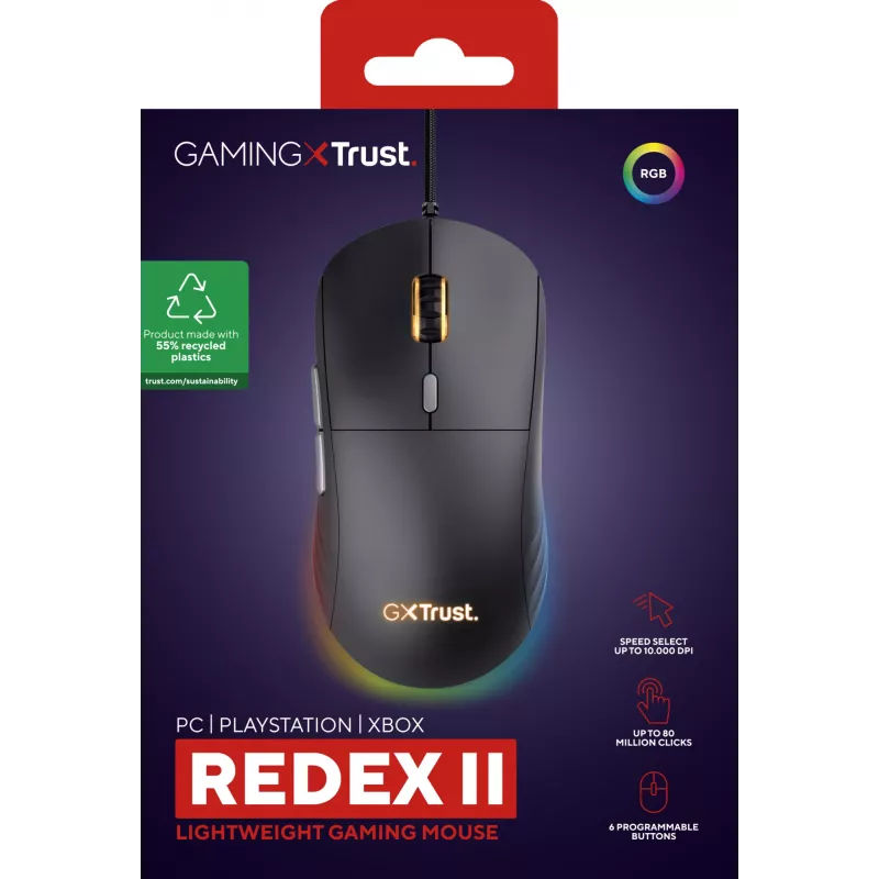 Pelė Trust GXT 925 REDEX II žaidimams, dešinei rankai, USB Type-A, lazerinė, 10000 DPI
