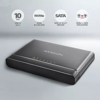 Adapteris AXAGON ADSA-CC CLONE MASTER 2 USB-C 10Gbps, skirtas NVMe M.2 SSD ir SATA HDD