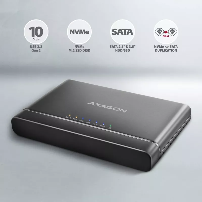 Adapteris AXAGON ADSA-CC CLONE MASTER 2 USB-C 10Gbps, skirtas NVMe M.2 SSD ir SATA HDD
