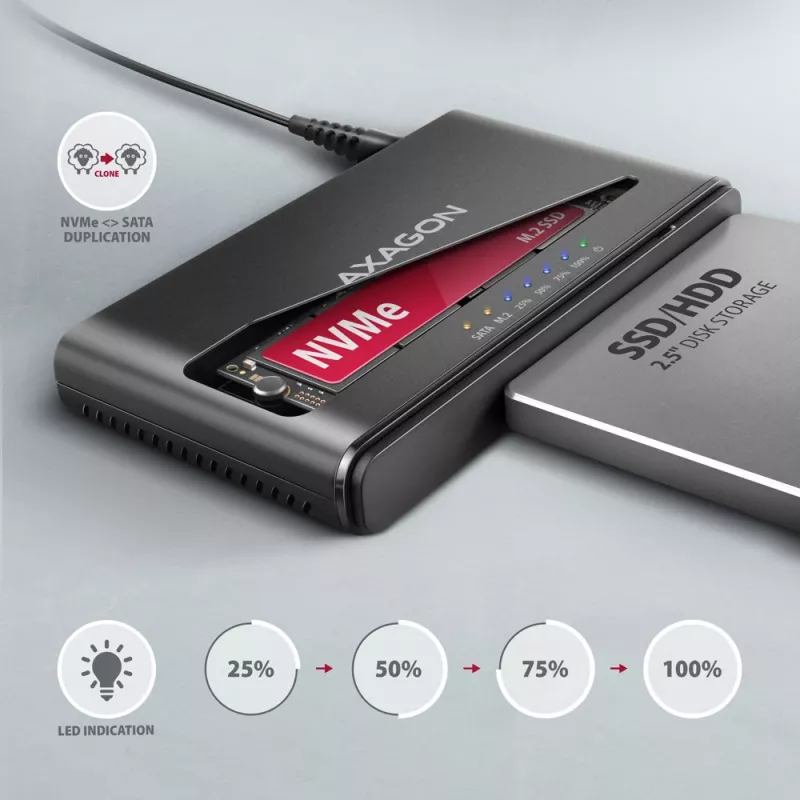 Adapteris AXAGON ADSA-CC CLONE MASTER 2 USB-C 10Gbps, skirtas NVMe M.2 SSD ir SATA HDD