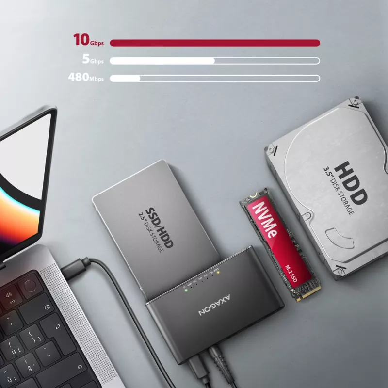 Adapteris AXAGON ADSA-CC CLONE MASTER 2 USB-C 10Gbps, skirtas NVMe M.2 SSD ir SATA HDD