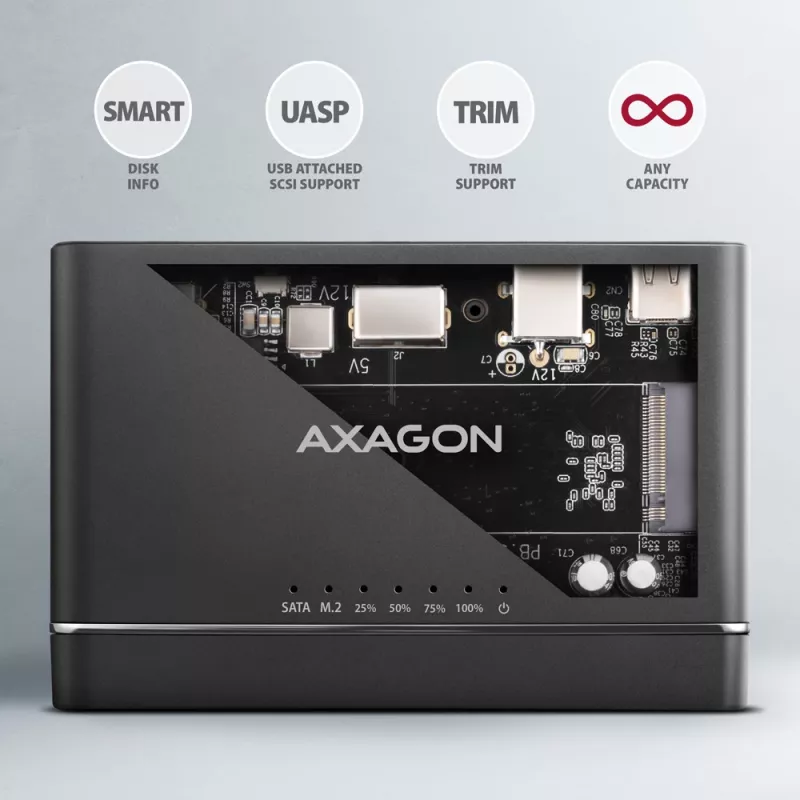 Adapteris AXAGON ADSA-CC CLONE MASTER 2 USB-C 10Gbps, skirtas NVMe M.2 SSD ir SATA HDD