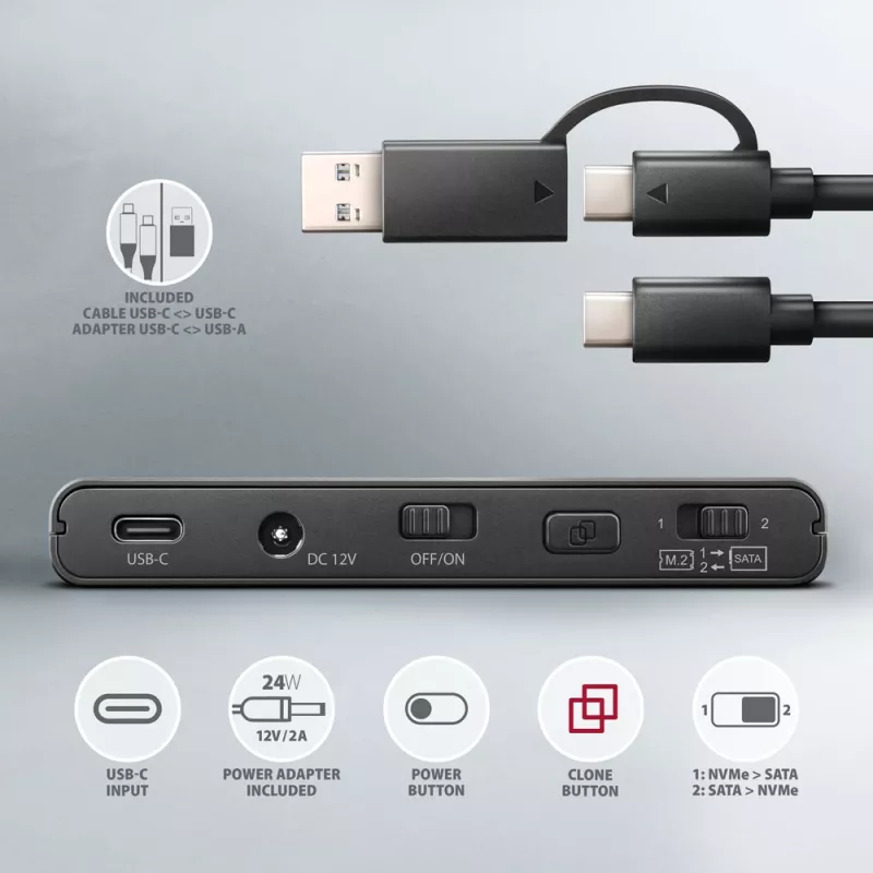 Adapteris AXAGON ADSA-CC CLONE MASTER 2 USB-C 10Gbps, skirtas NVMe M.2 SSD ir SATA HDD