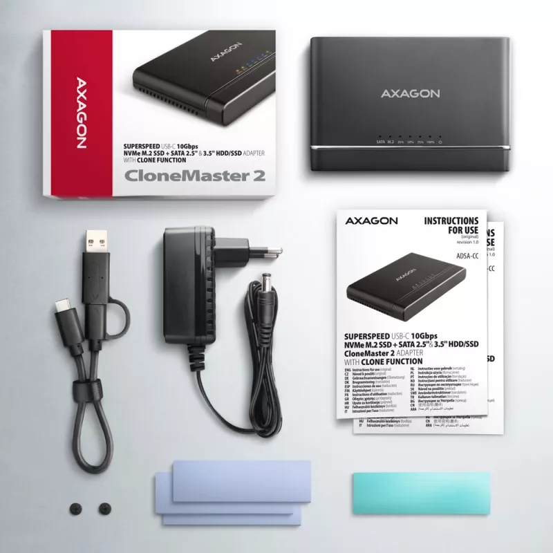 Adapteris AXAGON ADSA-CC CLONE MASTER 2 USB-C 10Gbps, skirtas NVMe M.2 SSD ir SATA HDD
