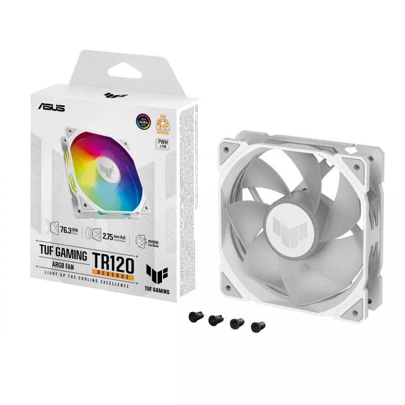 Oro aušintuvas ASUS TUF GAMING TR120 ARGB REVERSE 120 mm 2000 RPM Baltas, hidraulinis guolis, 76.3 CFM