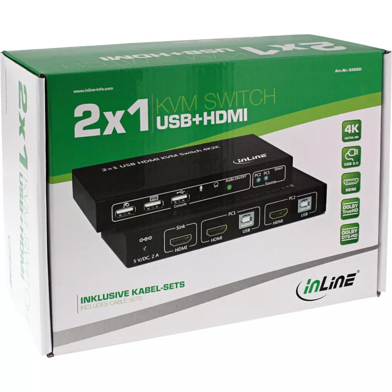 InLine 2x1 HDMI KVM jungiklis, HDMI 4K2K, USB 2.0 šakotuvas, su garsu