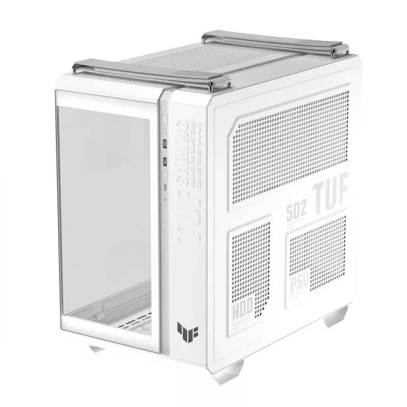 PC korpusas ASUS TUF GAMING GT502 Horizon TG ARGB Baltas — Midži bokštas, ATX, grūdintas stiklas, 4×3,5 colio lizdai, maks. GPU 400 mm