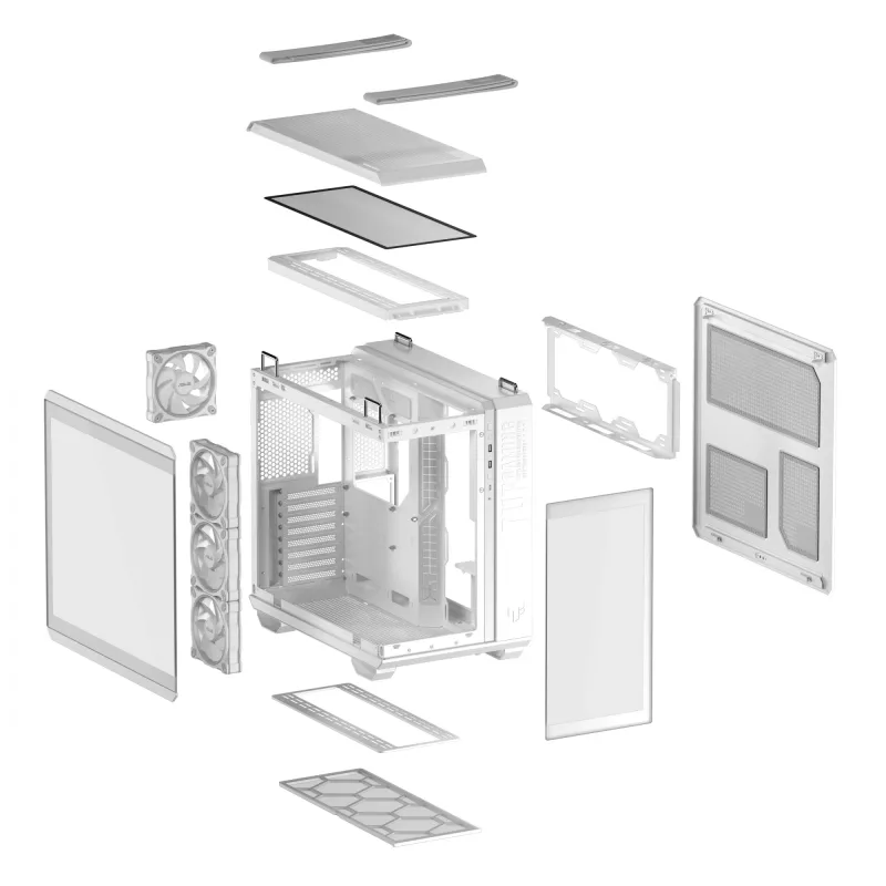 PC korpusas ASUS TUF GAMING GT502 Horizon TG ARGB Baltas — Midži bokštas, ATX, grūdintas stiklas, 4×3,5 colio lizdai, maks. GPU 400 mm